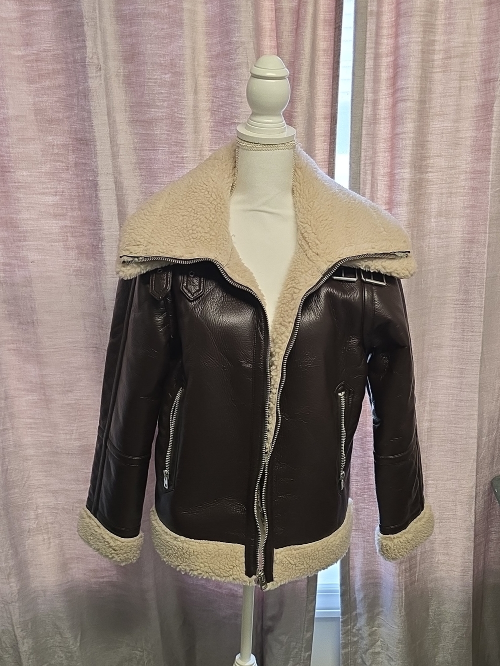 Topshop Dark Chocolate Brown Faux Shearling Leather Aviator Jacket Size US 4-6